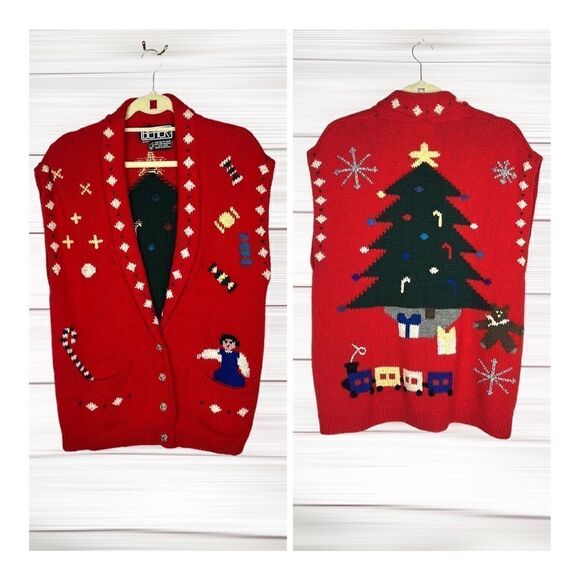 BEREK Vintage Hand Knit in Uruguay Christmas Holiday Red Wool Button Down Vest - Picture 1 of 15